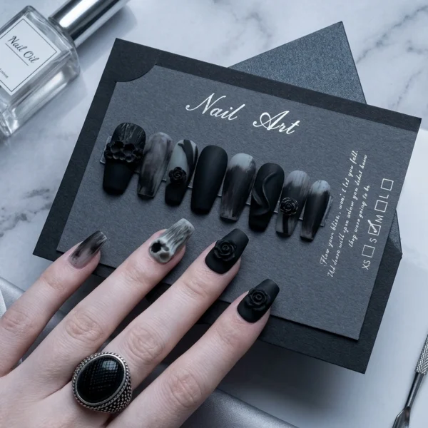 Kit Faux Ongles Press-On Noir Obsidian — Nail Art Dark Luxe