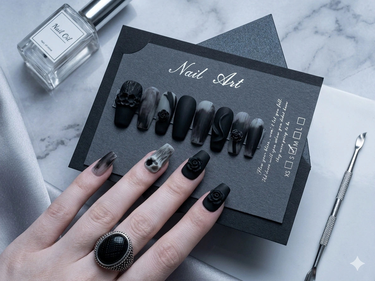 Kit Faux Ongles Press-On Noir Obsidian — Nail Art Dark Luxe