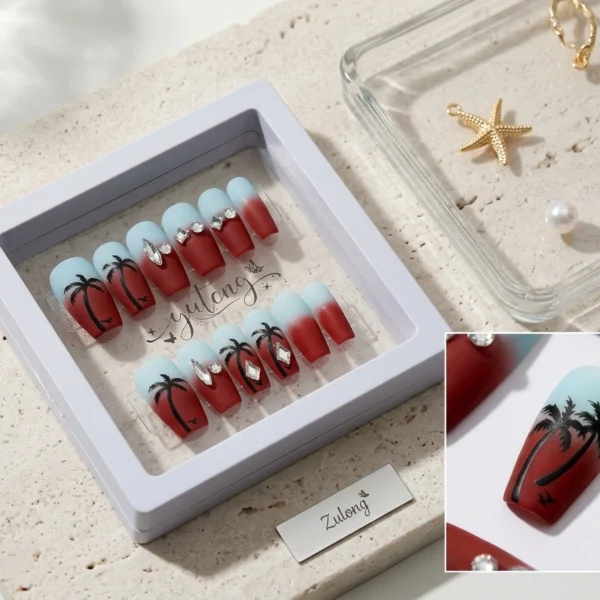 Faux Ongles Tropical Sunset — Coffin Rouge & Palmiers