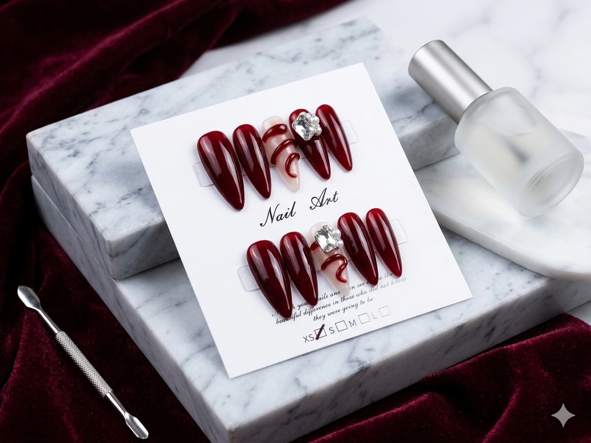 Ongles Nail Art Bordeaux Velours — Strass Prestige