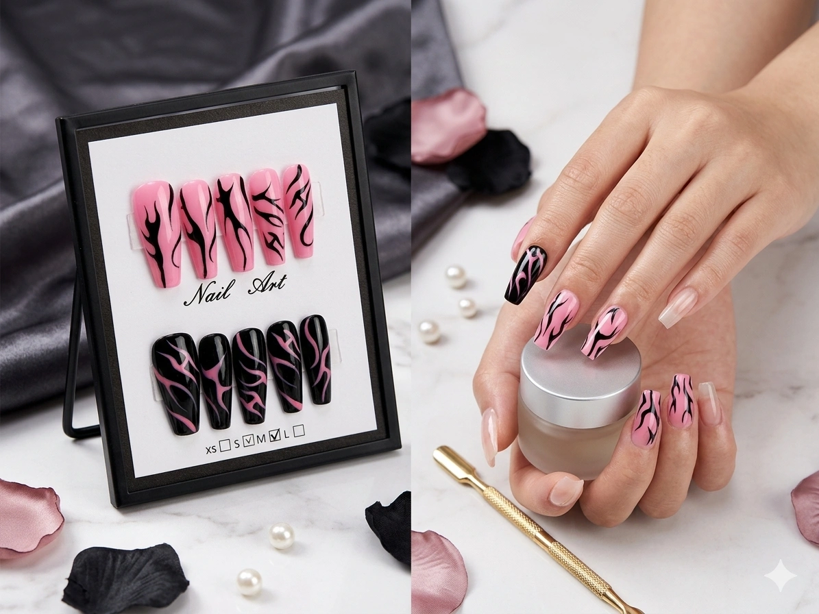 Ongles Pressés Tigre Rose & Noir — Edition Wild Glam