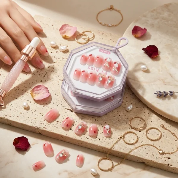 Blush Jewel — Faux Ongles Roses Nacrés Ornements Dorés & Perles
