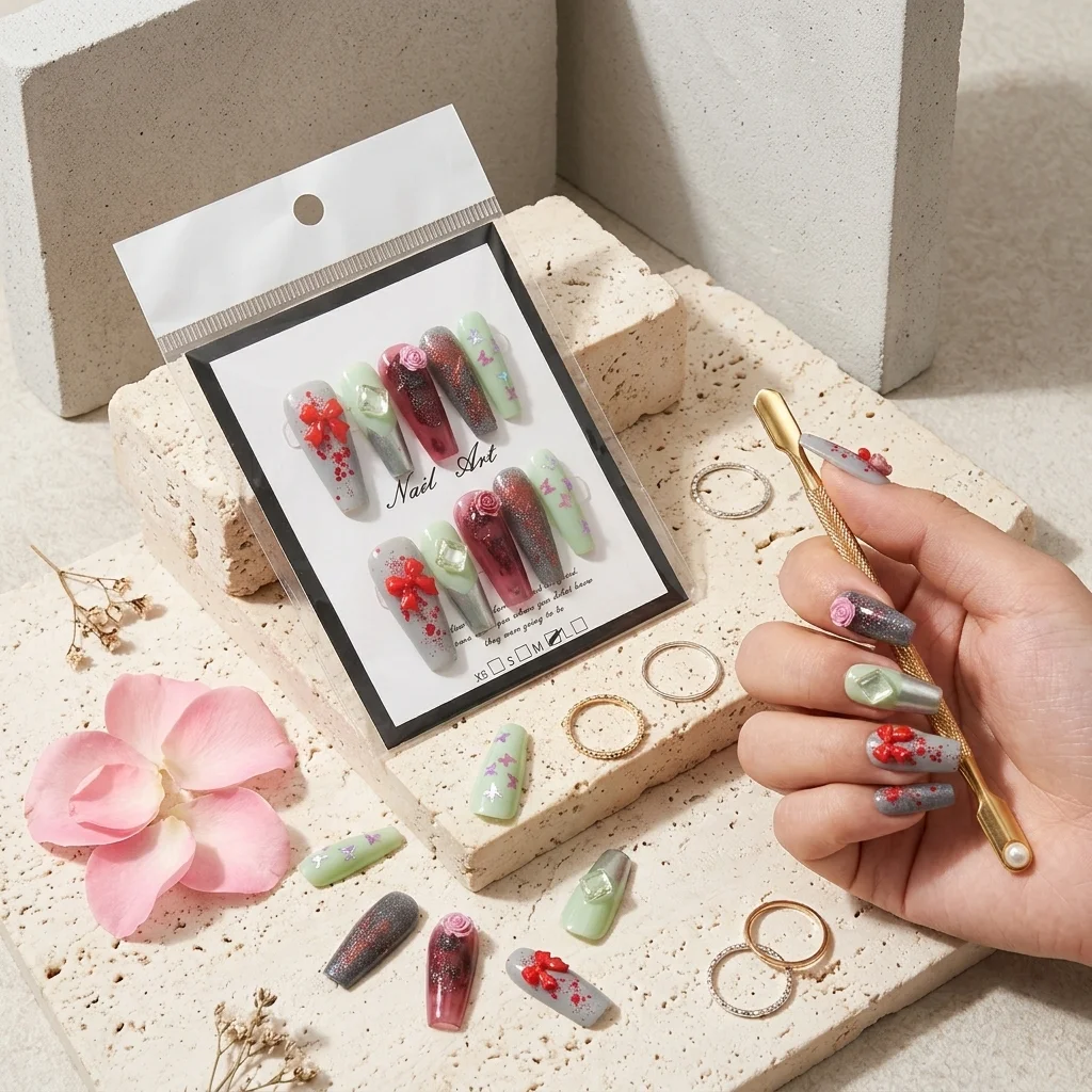 Velvet Garden — Ongles Longs Vert-Rouge Botanico-Vintage