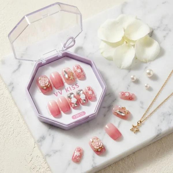 Rose Royale — Ombré Rose Poudré Fleurs 3D Résine & Strass Dorés