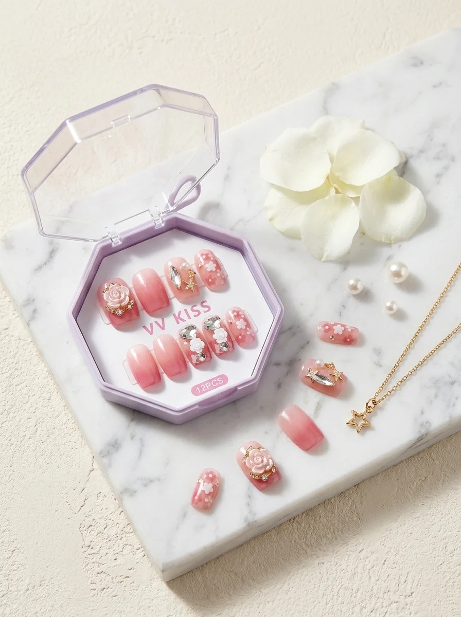 Rose Royale — Ombré Rose Poudré Fleurs 3D Résine & Strass Dorés