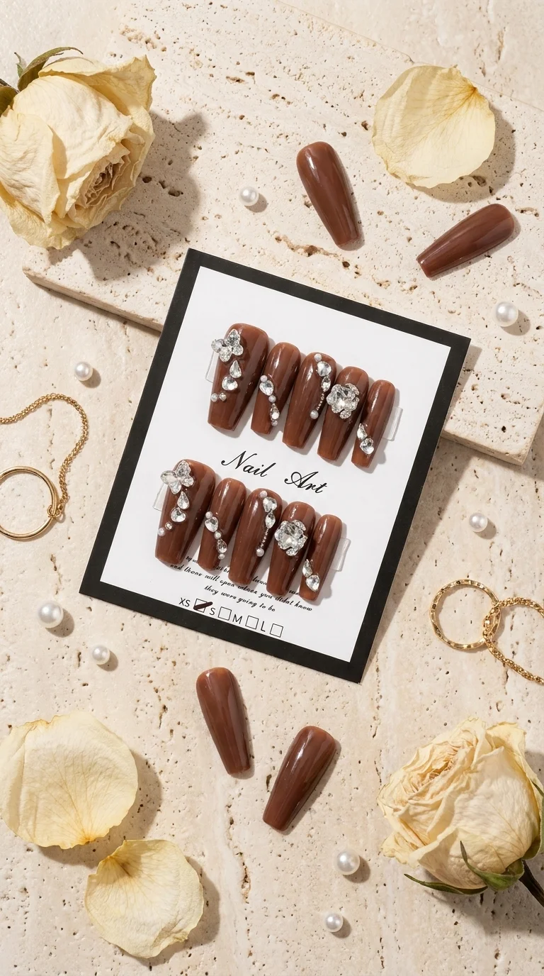 Mocha Crystal — Ongles Longs Chocolat Mat Strass Facettés Argentés