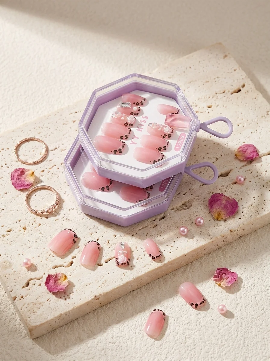 Pink Berry — Ongles Courts Rose Mauve Tips Imprimés Léopard Noir