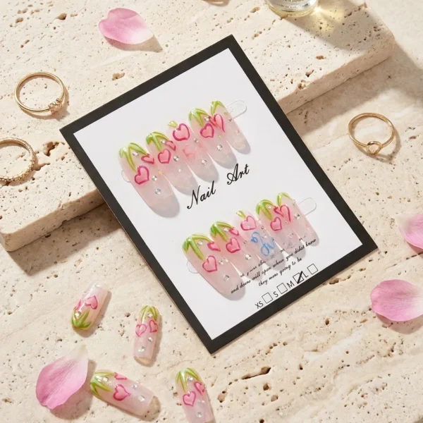 Blossom Tips — Ongles Transparents Longs Roses Peintes à la Main