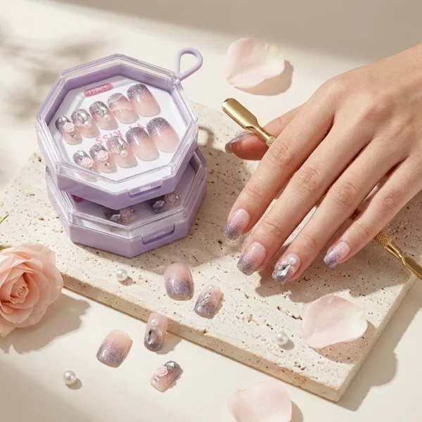 Rose Cristal — Faux Ongles Pailletés & Perles