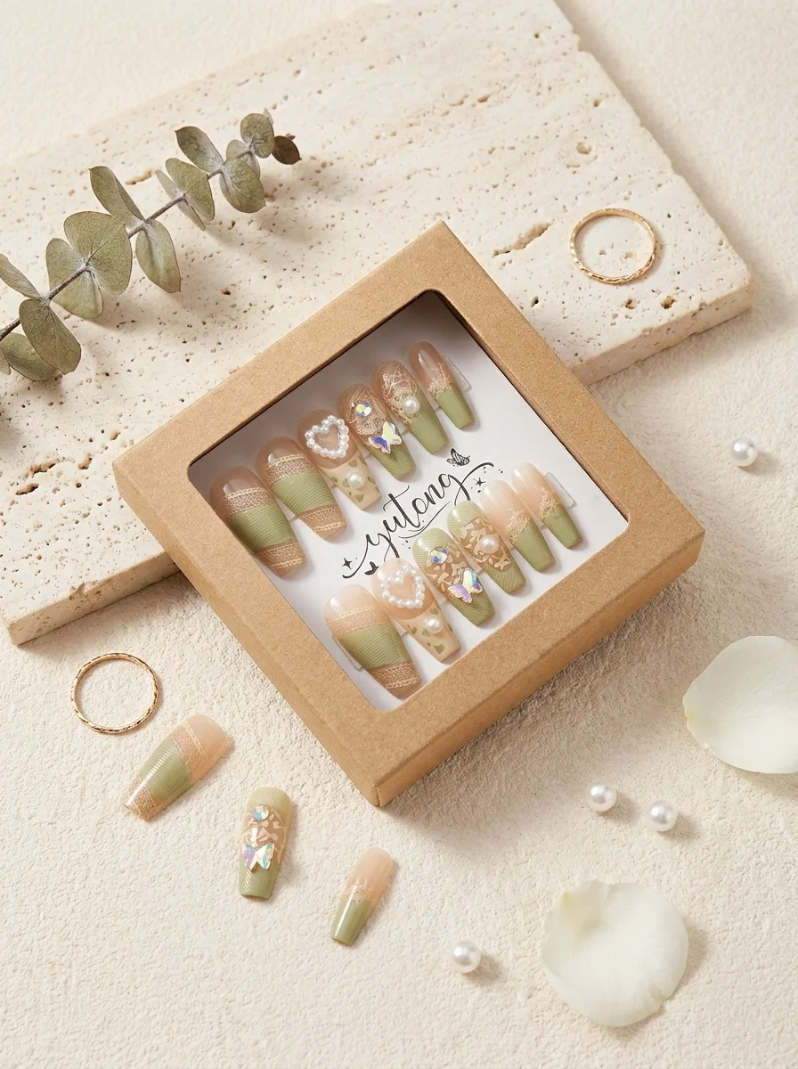 Sage Bloom — Faux Ongles Vert Sauge & Dorures
