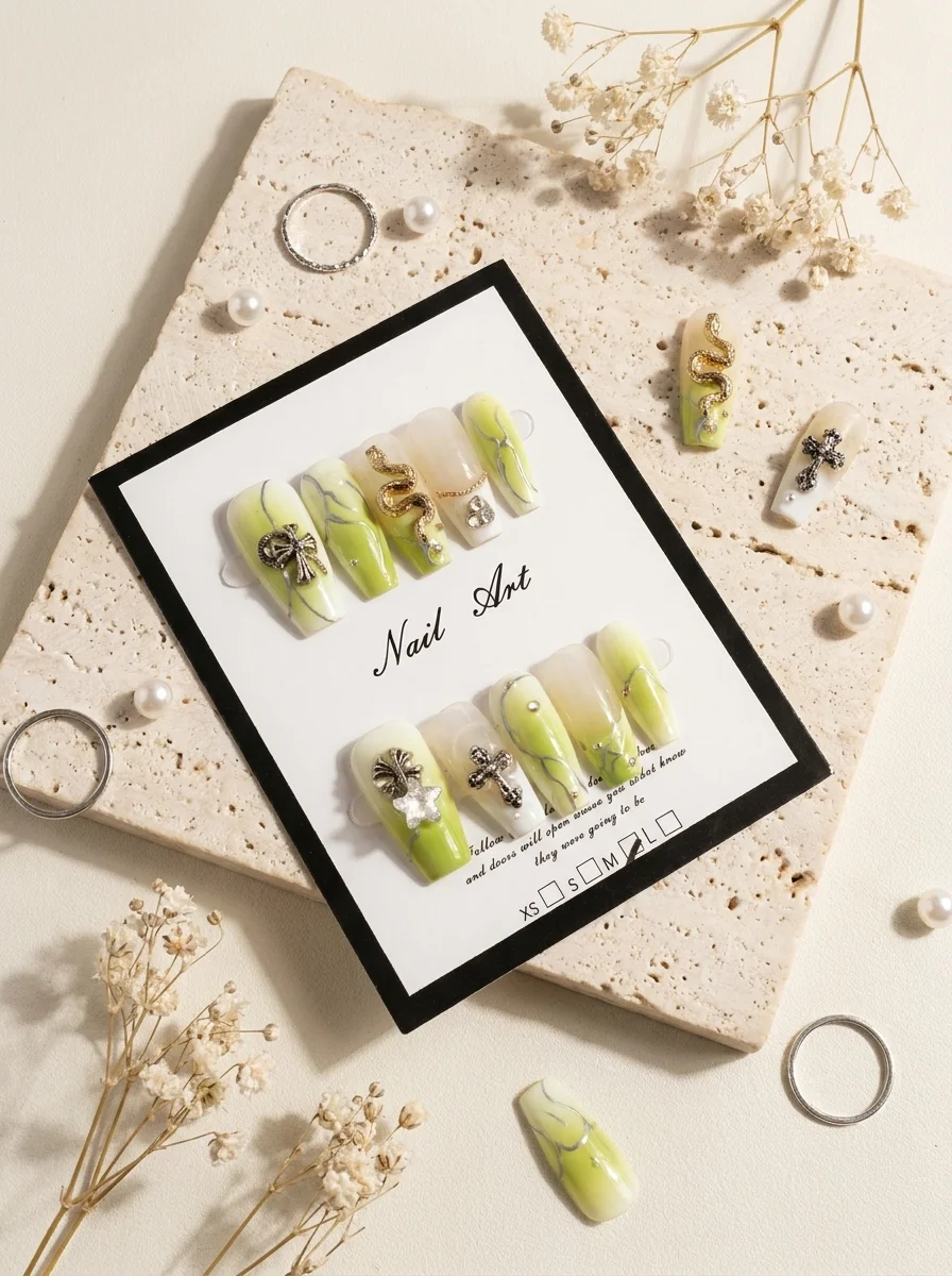 Matcha Garden — Faux Ongles Vert Matcha Fleurs Séchées