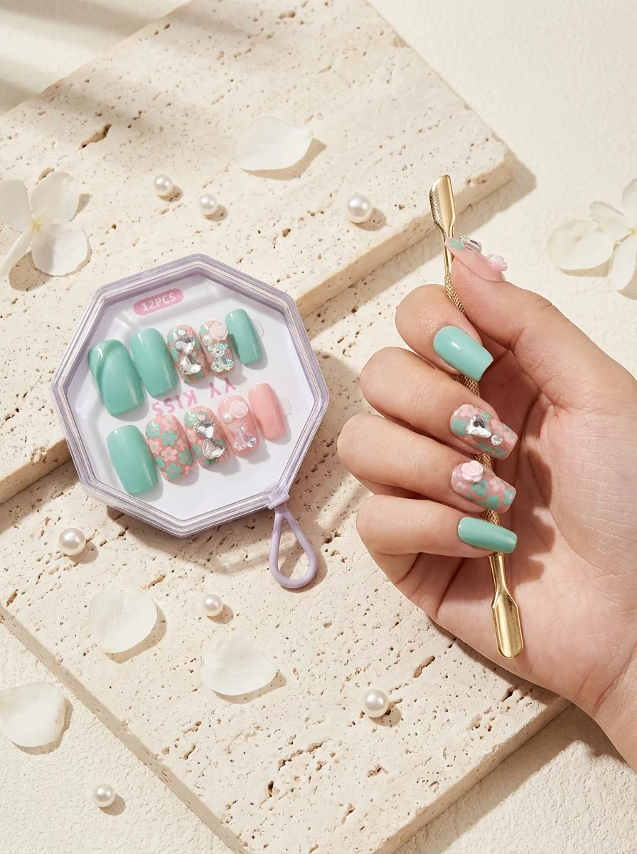 Mint Jewel — Faux Ongles Vert Menthe & Strass