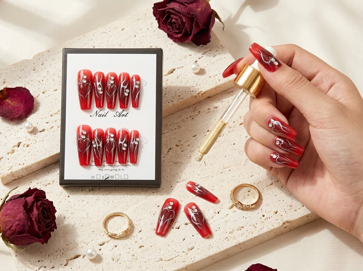Rouge Passion — Faux Ongles Rouge Laque & Chrome Argent