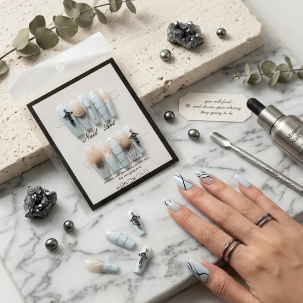 Ice Blue Cross — Faux Ongles Bleu Glacier & Charm Gothique