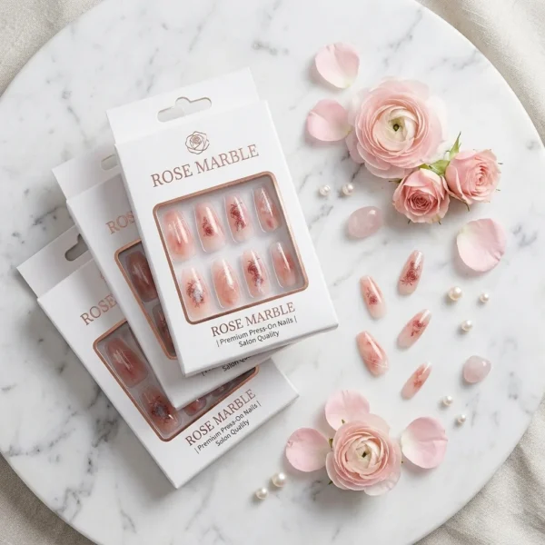 Rose Marble — Ongles Pressés Motif Rose Gravée