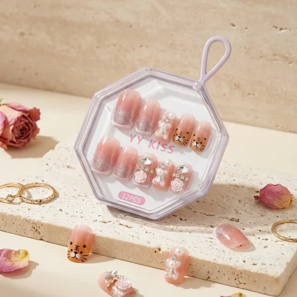 Pink Tiger Rose — Faux Ongles Rose Poudré & Nœud 3D