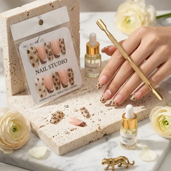 Wild Chic — Faux Ongles Imprimé Léopard & Perles Nude