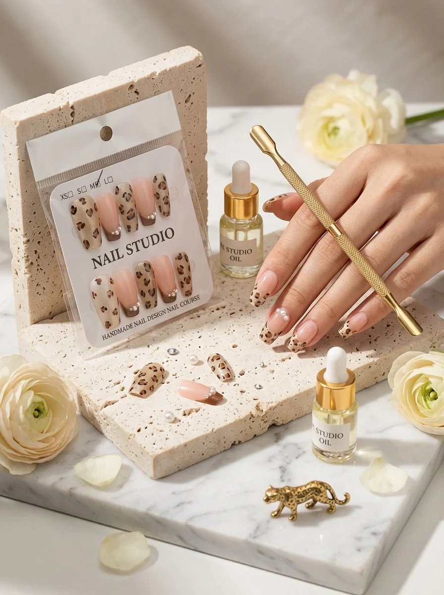 Wild Chic — Faux Ongles Imprimé Léopard & Perles Nude