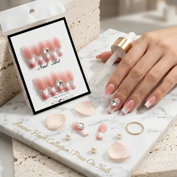 Amour Crystal — Faux Ongles Ombré Rose & Cœur Diamant
