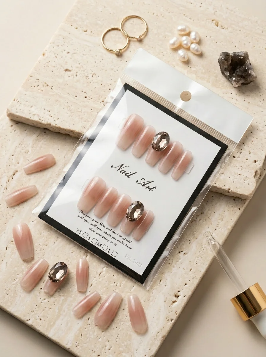 Velvet Stone — Faux Ongles Nude Satiné & Gemme Fumée