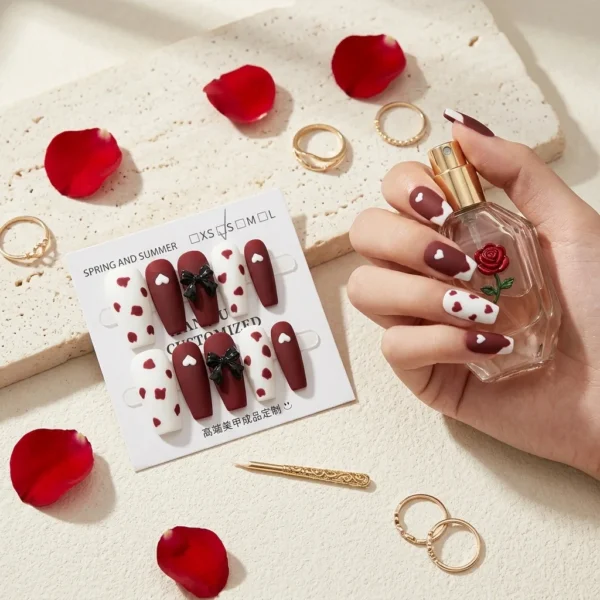 Cherry Love — Faux Ongles Rouge & Blanc Cœurs Nœud