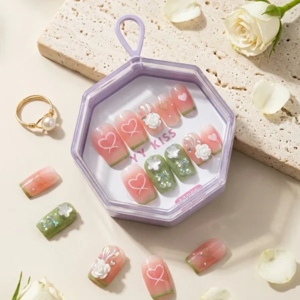 Sweet Garden — Faux Ongles Rose & Vert Sauge Fleurs 3D