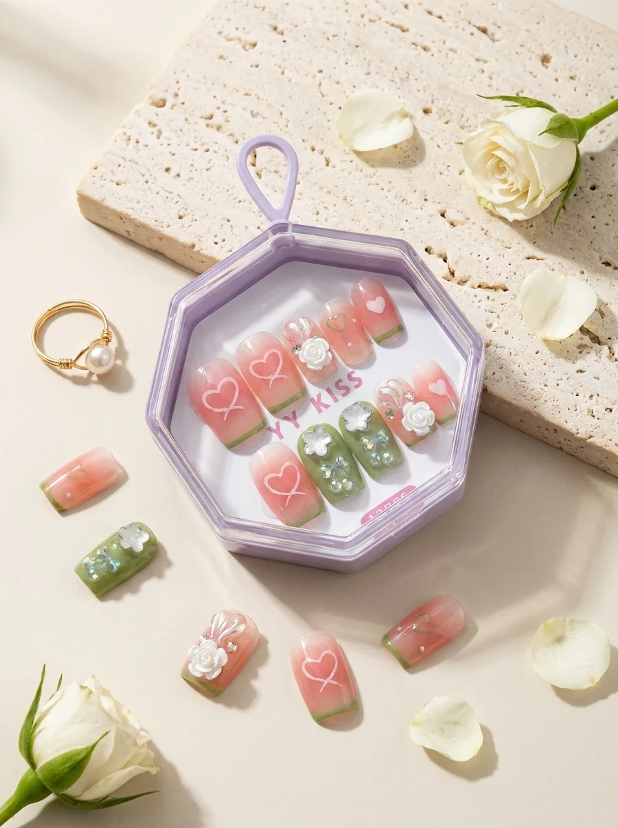 Sweet Garden — Faux Ongles Rose & Vert Sauge Fleurs 3D