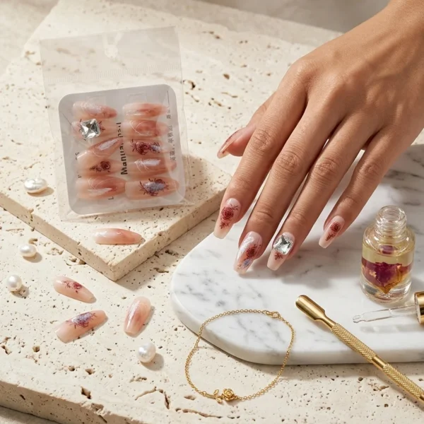 Floral Blush — Ongles Courts Rose Fleurs Séchées