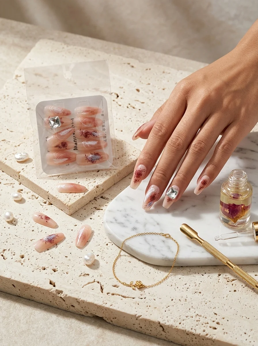 Floral Blush — Ongles Courts Rose Fleurs Séchées